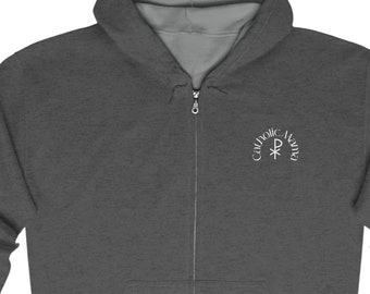 May include: A dark gray zippered hoodie with a white embroidered design on the front. The design is a circle with the words "Catholic" and "Always" written around a cross.