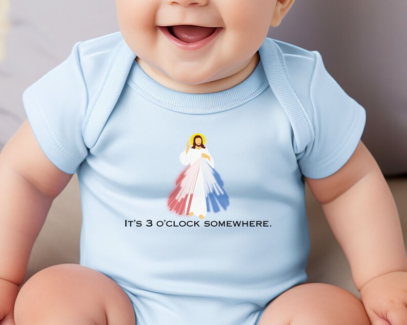 It's 3 o'clock somewhere baby bodysuit, Divine Mercy baby Bodysuit, Matching Catholic family gift, Sacred Heart Bodysuit, Catholic baby gift Light Blue