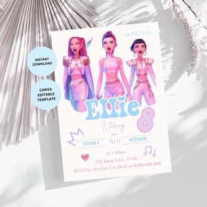 May include: A party invitation featuring three stylized female figures in pastel outfits. The invitation reads "Ellie is turning 8" with event details. Includes text: "Instant Download" and "Canva Editable Template."