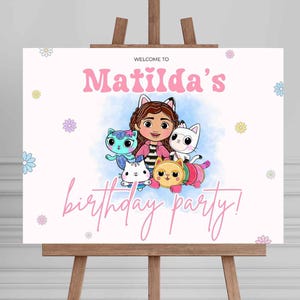 Gabbys Dollhouse Birthday welcome Poster girls Gabby Dollhouse birthday party sign cute pastel pink digital canva template magic cat party