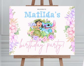 Stitch Birthday welcome sign girls lilo and stitch birthday poster cute aloha tropical invitation editable canva template beach party print
