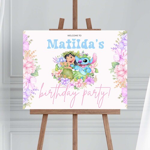 Signe de bienvenue d'anniversaire de point de filles lilo et poster d'anniversaire de point mignon modèle de toile modifiable d'invitation tropicale d'aloha impression de fête de plage