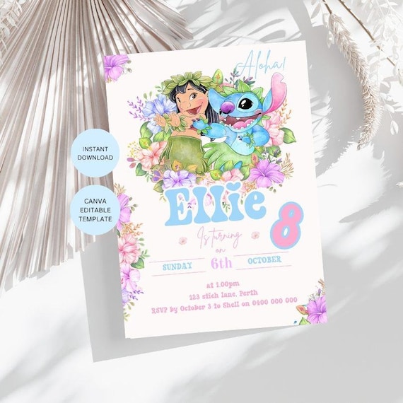 Stitch invitation girls lilo and stitch birthday invite cute aloha tropical party invitation editable canva template Hawaiian beach party