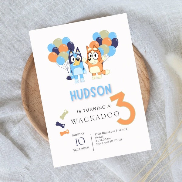 EDITABLE| Bluey Birthday Invitation Template, Canva, Editable, ABC, Bingo, Fun, orange, blue, Print, Edit, Dog, Chilli, Bandit, Wackadoo