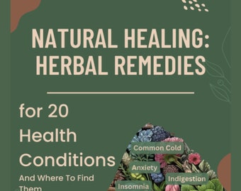 May include: Green background with a white text overlay that reads "NATURAL HEALING: HERBAL REMEDIES for 20 Health Conditions And Where To Find Them". A graphic of a green hill with flowers and herbs is shown with text labels for common cold, anxiety, indigestion, insomnia, mild depression, and menstrual pain.