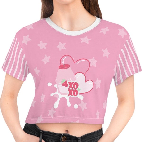 Kawaii Strawberry Milk Crop Tee Babygirl Pink Stripes and Stars Pastel Goth Fairy Kei