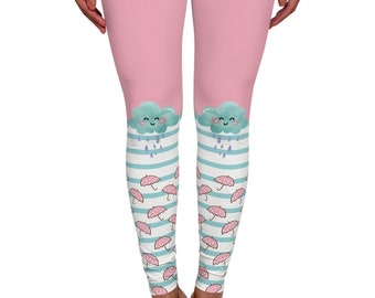 Kawaii Rain Cloud Leggings Umbrella Stripes Pastel Pink Kawaiicore Cutecore Sweetcore Aqua Blue Green Long Ankle Length