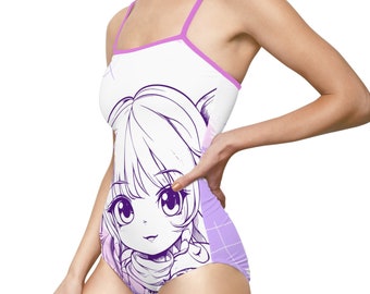 Kawaii Anime Cat Girl Women's One-piece Swimsuit Purple, Pastel Cutecore Kawaiicore Printed Manga Cosplay Art Fangirl Swim suit Plus Size