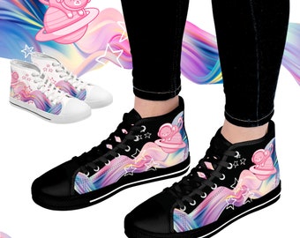 Kawaii Rainbow Space Kitty Black or White Women's High Top Sneakers Trainers Cutecore Tennis Shoes Sweetcore Rainbow Yumekawa
