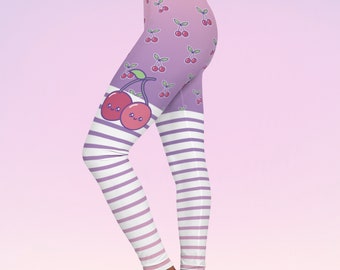 Kawaii Cherry Purple Leggings Pastel Kawaiicore Sweetcore Candycore Pastel Pink and White Stripes Cherries Pattern