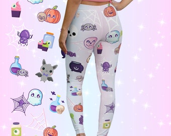 Kawaii Halloween Candycore Spandex Leggings Pastel Pink and Blue Babycore Sweetcore Cute Ghost Spiderweb, Potions Bats Graphics Patterned UK