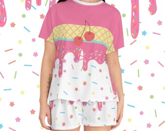 Candycore Dripping Pink Sprinkles Women's Short Pajama Set (AOP) PJ Candy Raver Icecream 90s Sweetcore Kawaiicore Kawaii Ice Cream Icing