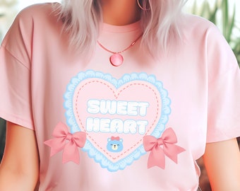 Kawaii Sweet Lolita Pink Heart Bear Bow Shirt, Pastel Unisex Short Sleeve Tee Cutecore Fairy Kei Sweetcore T-Shirt Sweetheart Babyore Ddlg