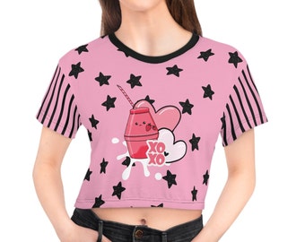 Kawaii Strawberry Milk Crop Tee Babygirl Pink Stripes and Stars Pastel Goth Fairy Kei