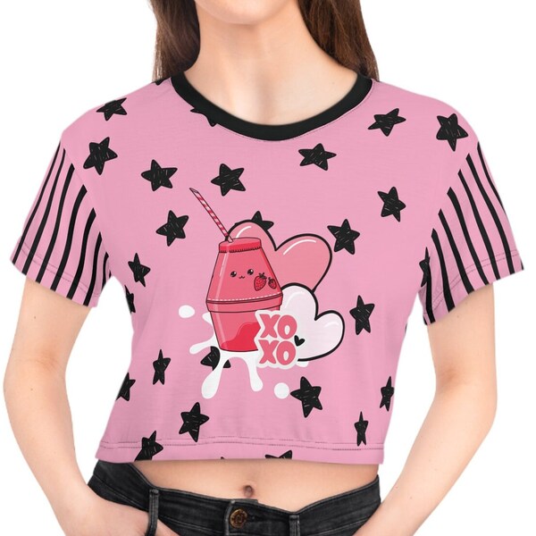 Kawaii Strawberry Milk Crop Tee Babygirl Pink Stripes and Stars Pastel Goth Fairy Kei