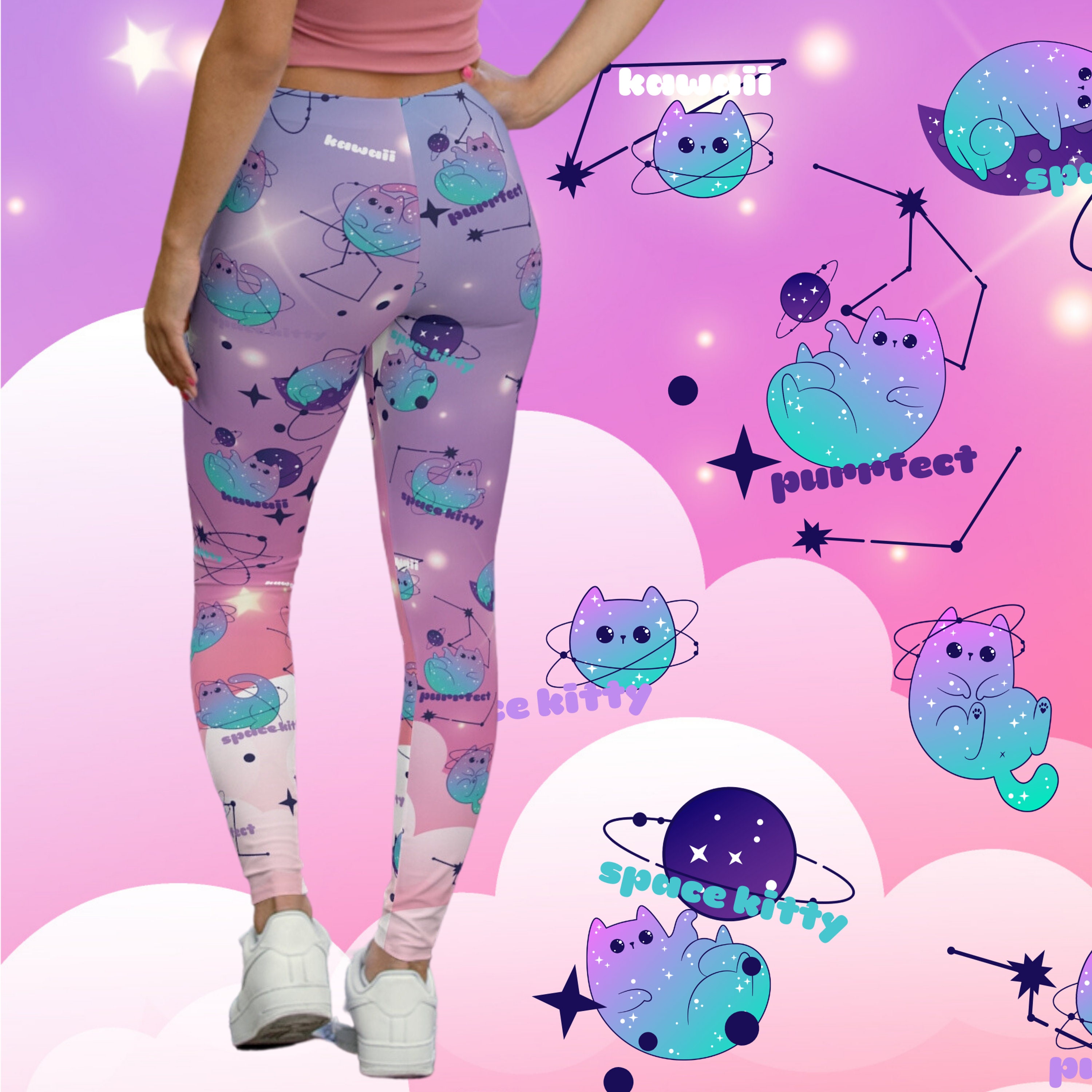 Womens Leggings, Flying Cat Galaxy Star Print Leggings, Funny