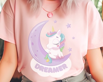 Kawaii Pink Unicorn Dreamer Shirt, Pastel Purple Moon and Clouds Unisex Short Sleeve Tee Cutecore Fairy Kei Sweetcore T-Shirt