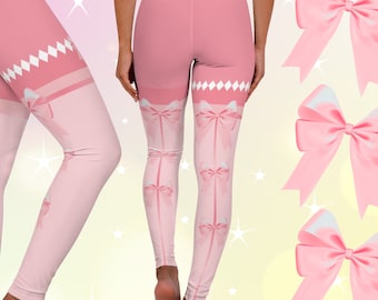 Yume Kawaii Sweet Bow Spandex Leggings Pastel Babycore kawaiicore Fairy Kei Pastel Pink Stripes Kidcore Girly Sweetcore