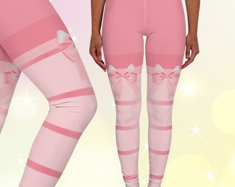 Kawaii Sweetcore Bow Spandex Leggings Pastel Babycore kawaiicore Fairy Kei Pastel Pink Stripes Kidcore