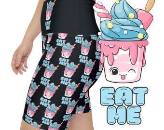 Kawaii Ice cream Eat Me Sprinkles Black Women's Workout Shorts, Above The Knee Length Pastel Blue Pink Sweet Cutecore Sweetcore Candycore