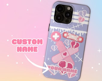 Yami Kawaii Custom Name Broken Heart Iphone 15 Pro Max Plus Tough Phone Cases, 7 8 X 11 12 13 14 Pastel Cutecore Shockproof Cell Bandage