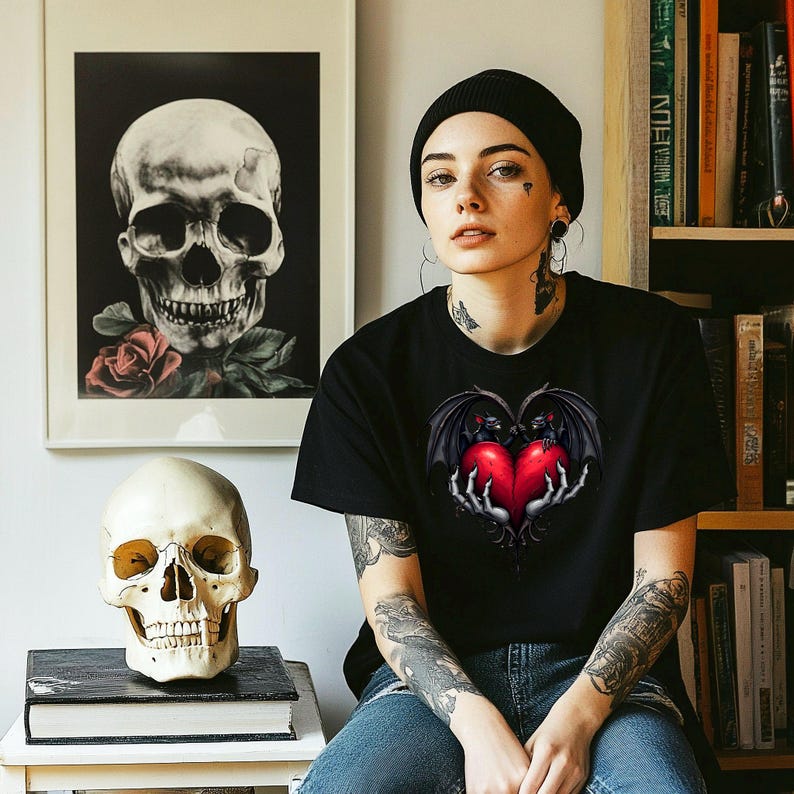 Gothic Valentine Bats Heart Graphic Tee, Dark Love Couples Shirt, Horror Valentine's Day T-Shirt, Unique Love Gift, Alternative Apparel image 8