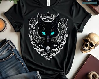 Black Cat T-Shirt, Gothic Cat Shirt, Skull Cat Clothing, Witchy Cat Tee, Cat Lover Shirt, Halloween Cat T-Shirt, Cat Skull Design