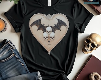 Gothic Valentine T-Shirt, Academia Inspired Bat and Skull Art, Dark Romantic Heart Design, Unique Alternative Gift, Black Gothic Tee