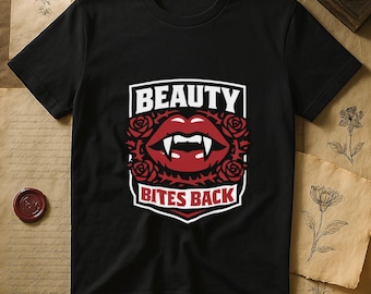 Beauty Bites Back Vampire Lips | Fanged Red Lips Roses Gothic Crest | Spooky Romantic Gift for Goth Girls