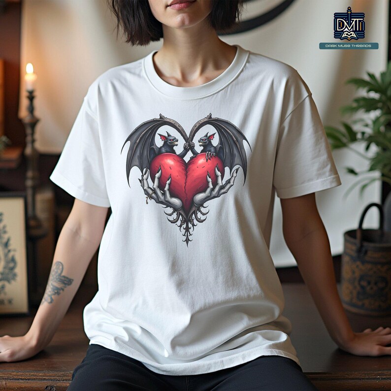 Gothic Valentine Bats Heart Graphic Tee, Dark Love Couples Shirt, Horror Valentine's Day T-Shirt, Unique Love Gift, Alternative Apparel image 7