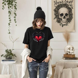 Gothic Valentine Bats Heart Graphic Tee, Dark Love Couples Shirt, Horror Valentine's Day T-Shirt, Unique Love Gift, Alternative Apparel image 3