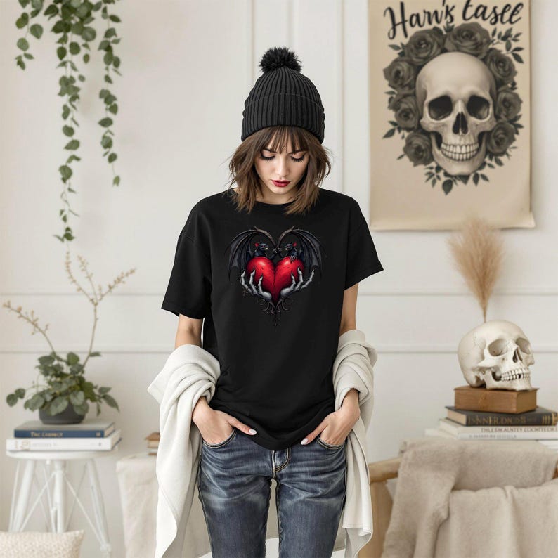 Gothic Valentine Bats Heart Graphic Tee, Dark Love Couples Shirt, Horror Valentine's Day T-Shirt, Unique Love Gift, Alternative Apparel image 3