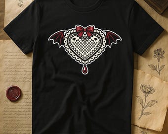 Lace Heart Bat Wings Blood Drop Shirt | Gothic Coquette Bow Valentine | Vamp Dark Romance Goth Girl Valentine Gift