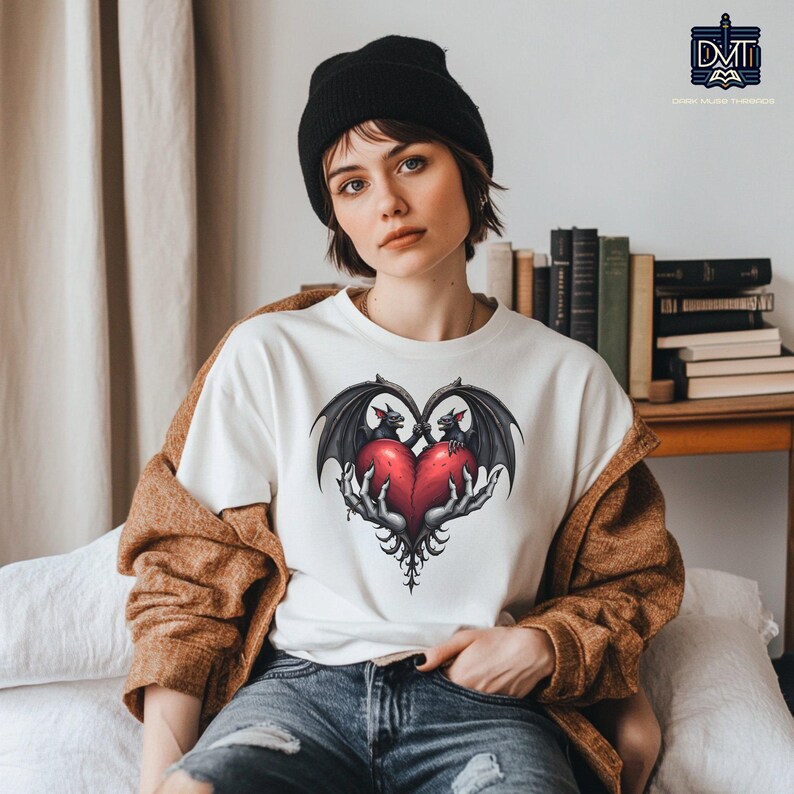 Gothic Valentine Bats Heart Graphic Tee, Dark Love Couples Shirt, Horror Valentine's Day T-Shirt, Unique Love Gift, Alternative Apparel image 5