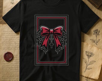 Gothic Coquette Bow Dark Romance | Rosary Cross Thorny Wreath Tarot Frame | Alt Girl Romantic Goth Valentine Gift