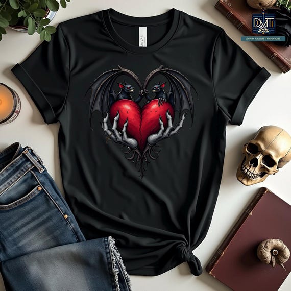 Gothic Valentine Bats Heart Graphic Tee, Dark Love Couples Shirt, Horror Valentine's Day T-Shirt, Unique Love Gift, Alternative Apparel