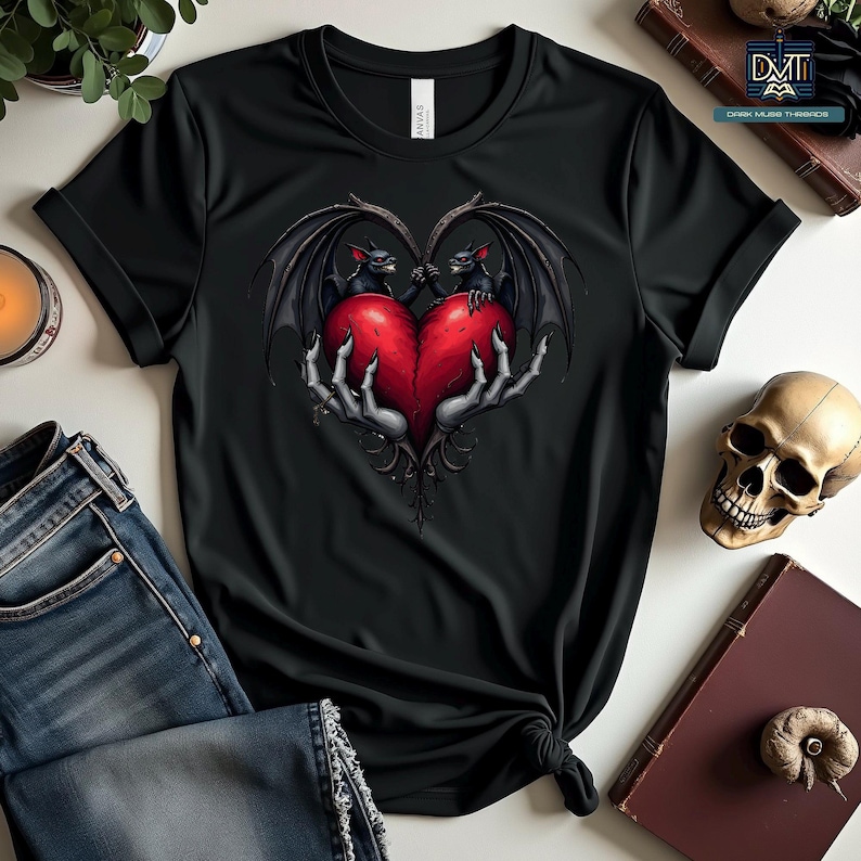Gothic Valentine Bats Heart Graphic Tee, Dark Love Couples Shirt, Horror Valentine's Day T-Shirt, Unique Love Gift, Alternative Apparel image 1