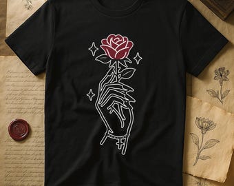 Gothic Rose Hand Line Art T-Shirt | Dark Romance Vampire Aesthetic with Rosary Cross | Valentine Gift for Goth Lovers