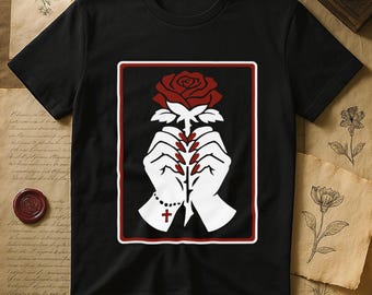 Gothic Rose & Long Nails Graphic T-Shirt | Dark Romance Rosary Cross Art, Vampire Valentine | For Goth Girls, Valentine Gift