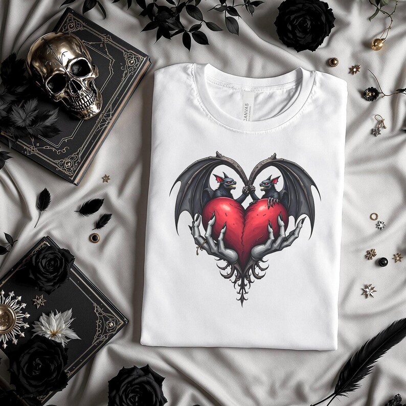 Gothic Valentine Bats Heart Graphic Tee, Dark Love Couples Shirt, Horror Valentine's Day T-Shirt, Unique Love Gift, Alternative Apparel image 6