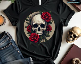 Skull Rose T-Shirt, Gothic Skull Tee, Floral Skull Shirt, Dark Academia Clothing, Alternative Fashion, Grunge Rose Graphic Tee