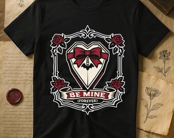 Be Mine Forever Gothic Valentine Shirt | Coquette Bow Bat Coffin Heart with Roses | Goth Girlfriend Valentine Gift