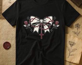 Gothic Coquette Bow T-Shirt, Thorns | Roses & Rosary Cross, Dark Romance | Valentine Gift for Goth Girl, Date Night