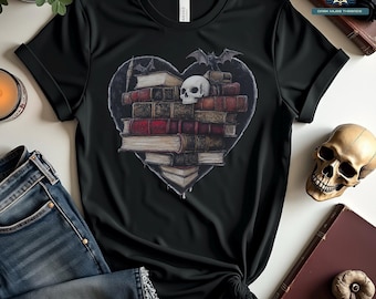 Gothic Valentine T-Shirt, Academia Skull Heart Design, Bats and Books Valentine Shirt, Unique Goth Fashion, Romantic Dark Aesthetic Tee