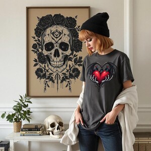 Gothic Valentine Bats Heart Graphic Tee, Dark Love Couples Shirt, Horror Valentine's Day T-Shirt, Unique Love Gift, Alternative Apparel image 2