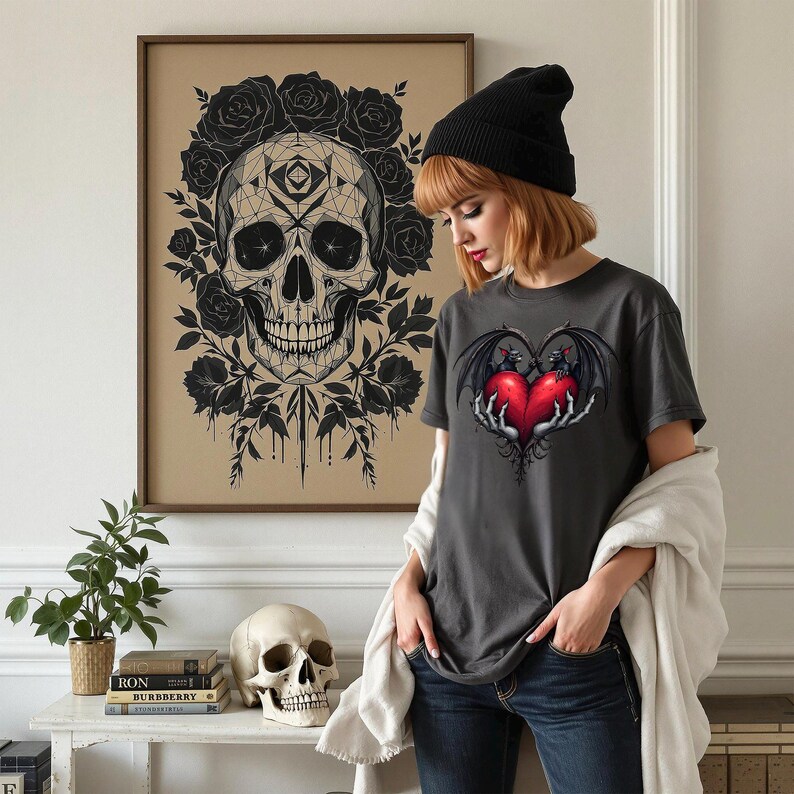 Gothic Valentine Bats Heart Graphic Tee, Dark Love Couples Shirt, Horror Valentine's Day T-Shirt, Unique Love Gift, Alternative Apparel image 2