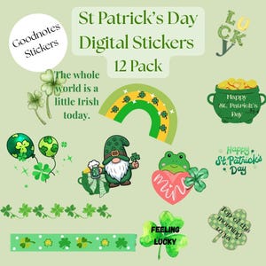 May include: A collection of St. Patrick's Day digital stickers. The stickers include a rainbow, a pot of gold, a gnome, a frog, shamrocks, and text that says "Feeling Lucky" and "Happy St. Patrick's Day".