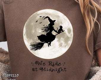 Witch and Cat Ride at Midnight Shirt: Full Moon Halloween Comfort Colors