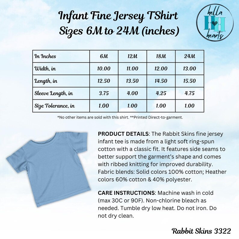 Może przedstawiać: Jasnoniebieski t-shirt z cienkiej dzianiny dla niemowląt. Koszulka wykonana jest z miękkiej bawełny ring-spun. Obraz zawiera tabelę rozmiar&oacute;w z wymiarami w cm dla rozmiar&oacute;w od 6M do 24M. Koszulka ma klasyczny kr&oacute;j.