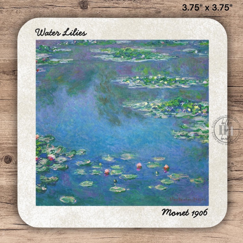 May include: Square coaster featuring Monet's "Water Lilies" painting from 1906. The artwork depicts a serene water scene with lily pads and flowers in shades of blue, green, and pink. The coaster measures 3.75 x 3.75 inches.